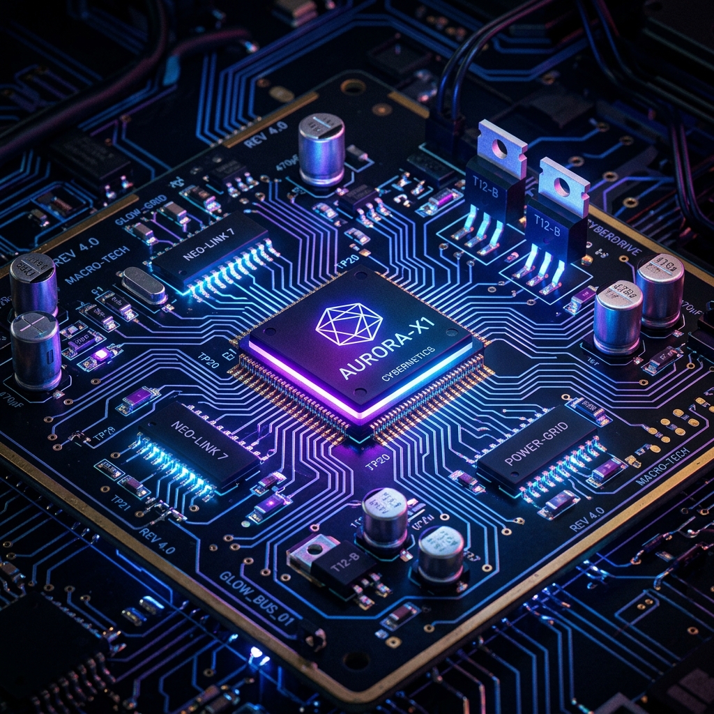 Close-up of a printed circuit board with glowing microchips and neon blue purple electrical traces, macro photography, futuristic technology, dark background, no people